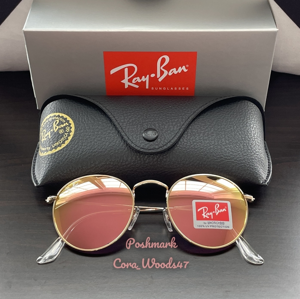 Ray Ban Round Metal Pink Flash Lenses RB3447 Gold Frame Unisex New - Picture 3 of 16
